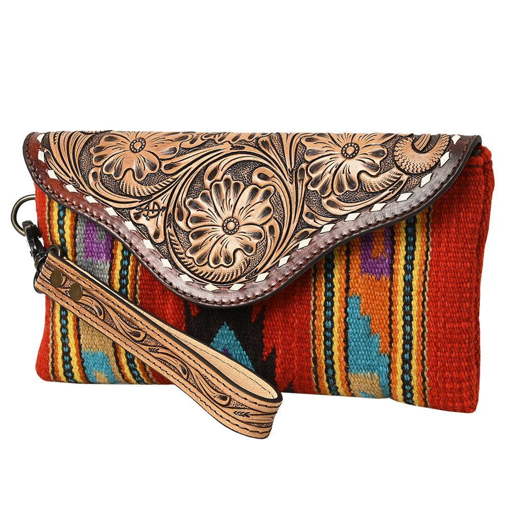 American Darling Wristlet Hand Tooled Upcycled Wool Genuine Leather