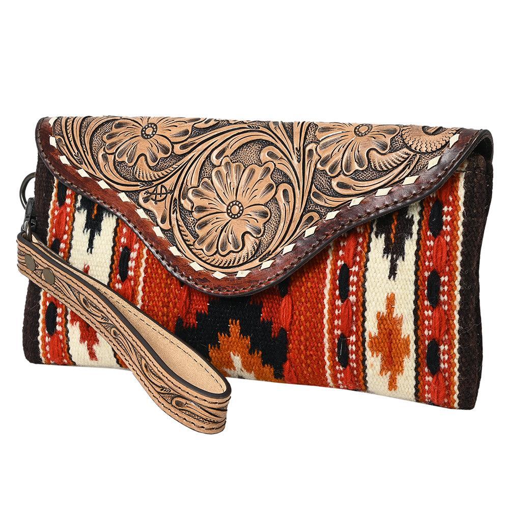 American Darling Wristlet Hand Tooled Upcycled Wool Genuine Leather