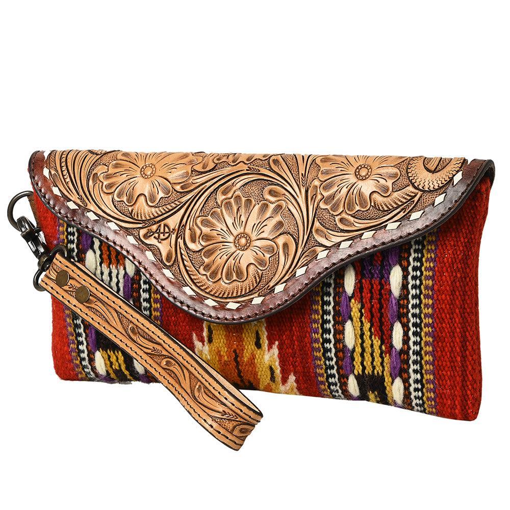 American Darling Wristlet Hand Tooled Upcycled Wool Genuine Leather