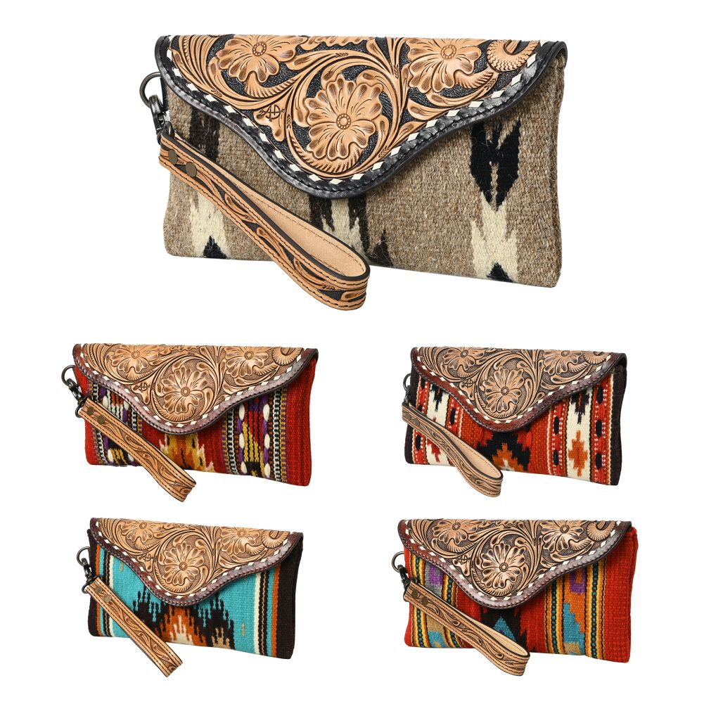 American Darling Wristlet Hand Tooled Upcycled Wool Genuine Leather