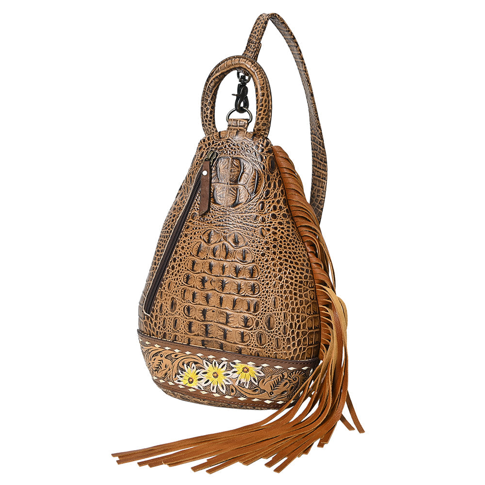 American Darling Sling Bag Handcrafted from Crocodile Embossed Leather | Hand-Tooled Floral Base, Long Fringe & Multi-Pocket Design