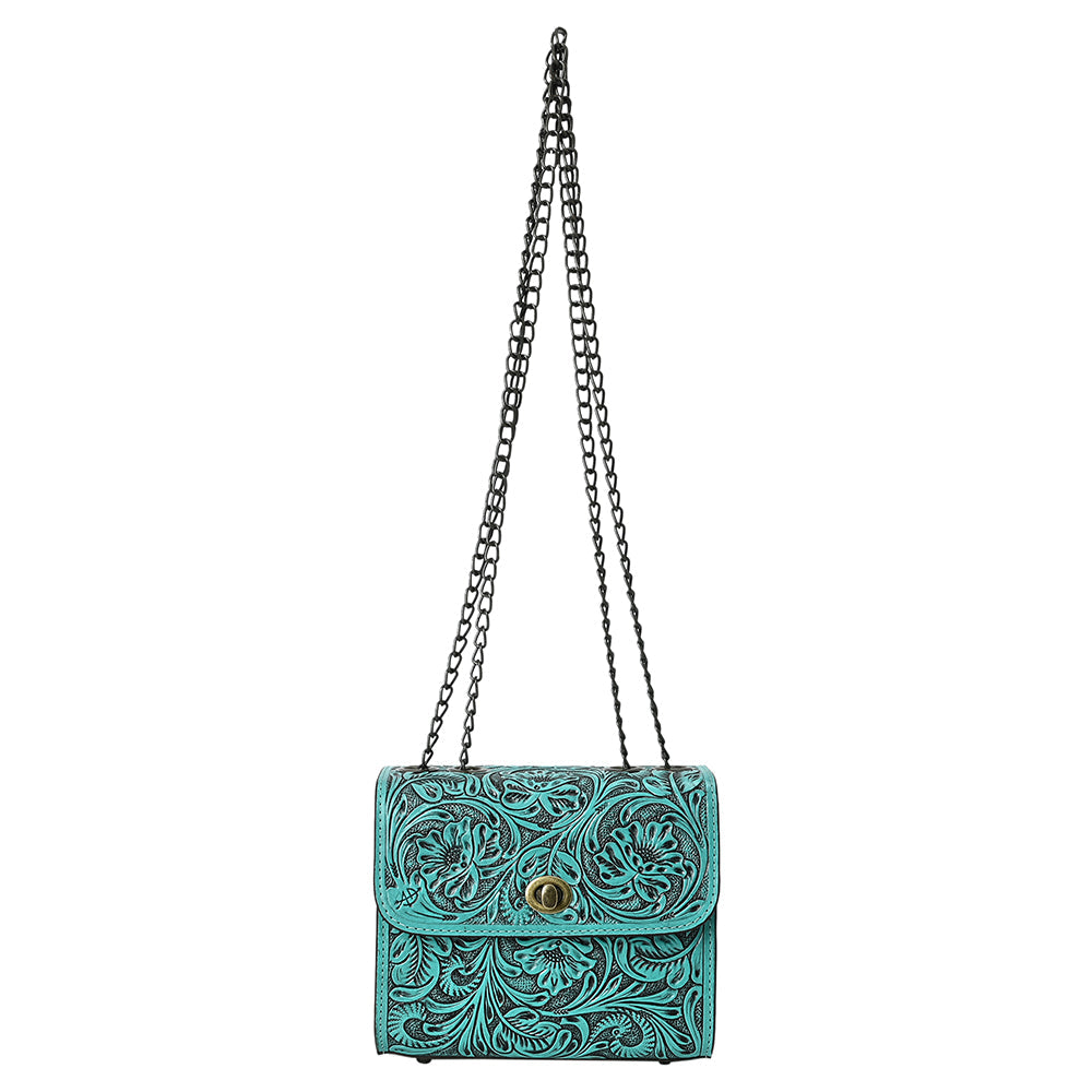 American Darling Hand-Tooled Leather Small Cross Body Bag with Floral Carving, Genuine Leather Build, Chain Strap & Well-Compartmentalized Interior