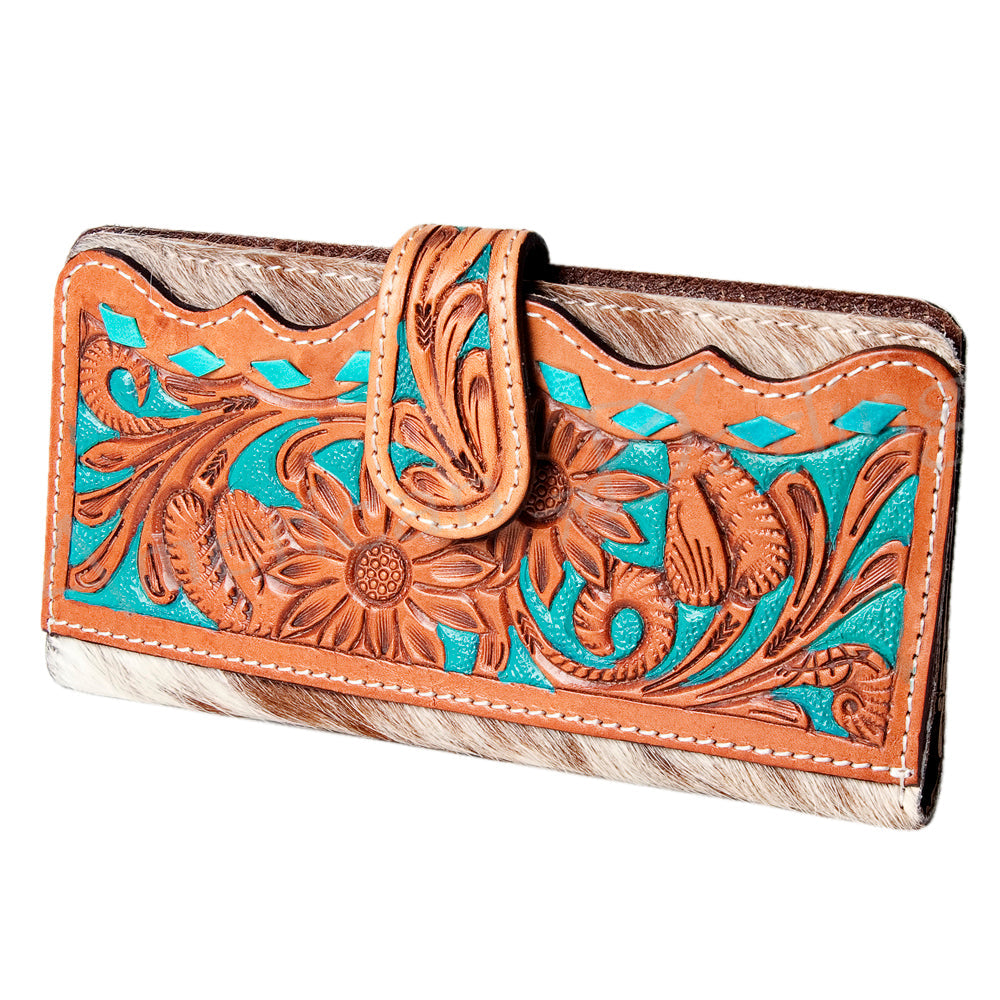 American Darling Western Wallet Bag Hand Tooled Floral Carved Hair-On Cowhide Genuine Vegetable Tanned Leather Travel Clutch