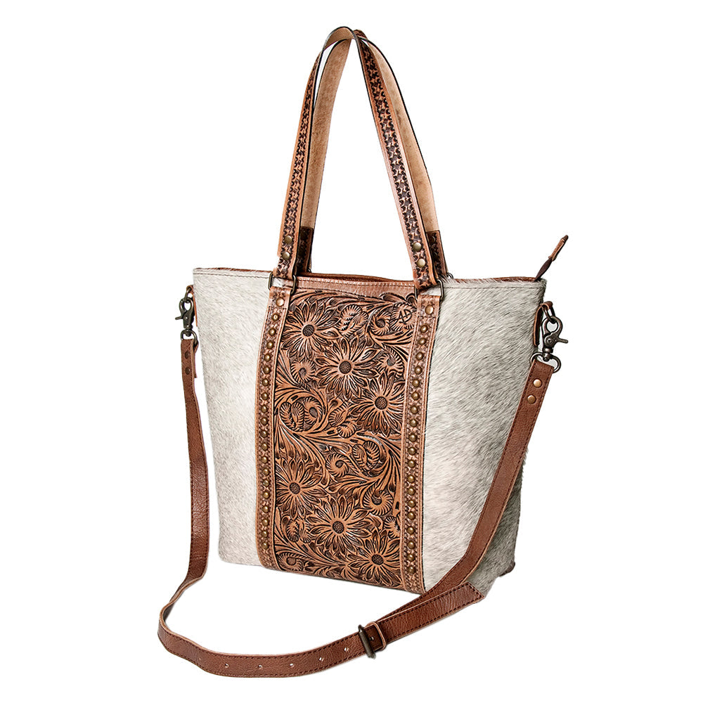 American Darling Tote Bag, Hand Tooled Floral Carved Leather, Hair-On Cowhide, Vegetable Tanned Genuine Leather, Rivetted