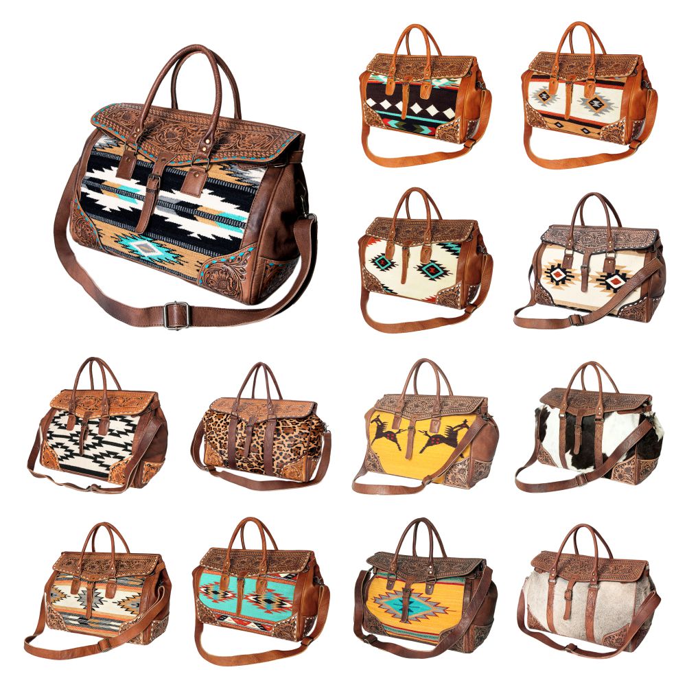 American Darling Hand-Tooled Saddle Blanket Genuine Leather Duffel Bag