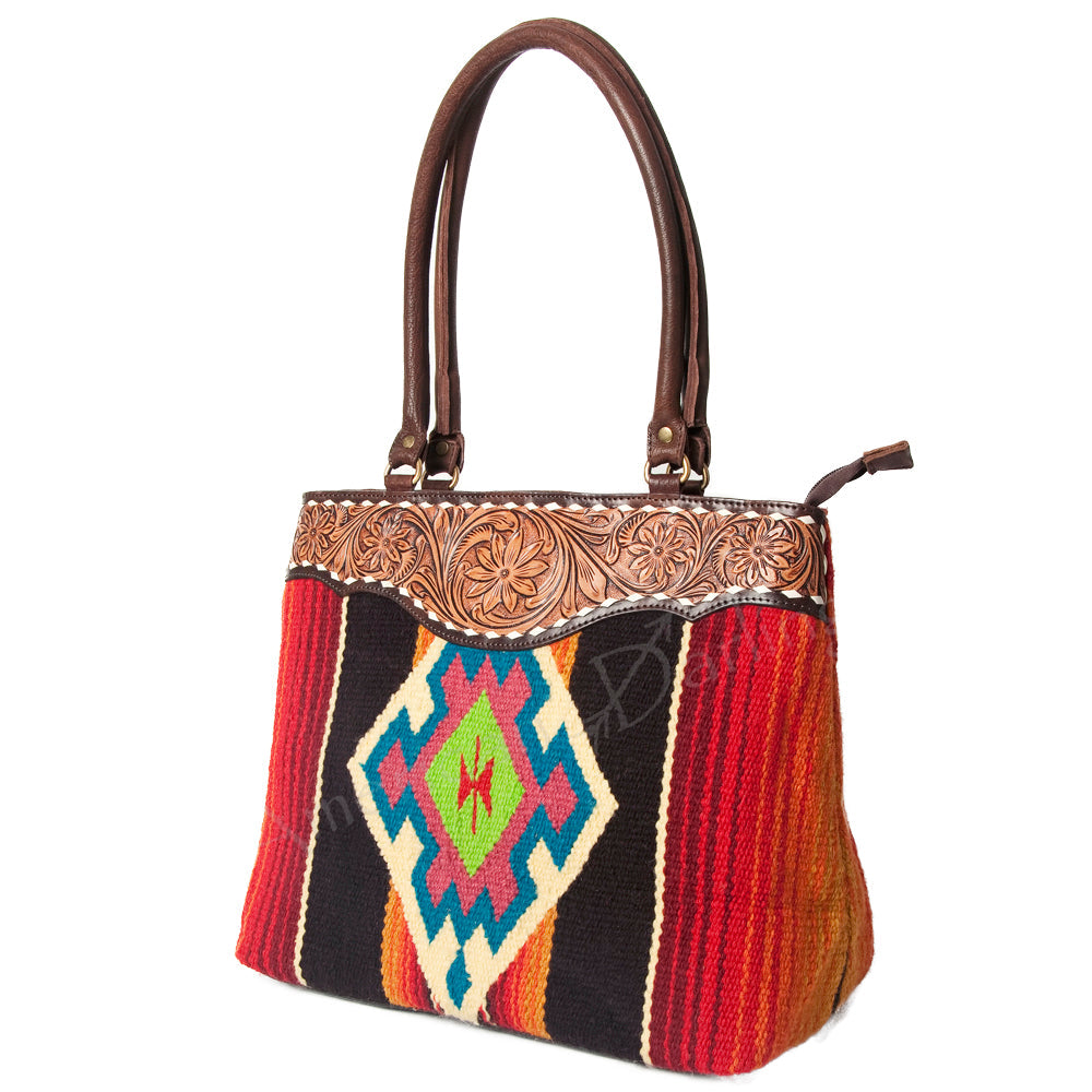 American Darling Tote Hand Tooled Saddle Blanket Genuine Leather
