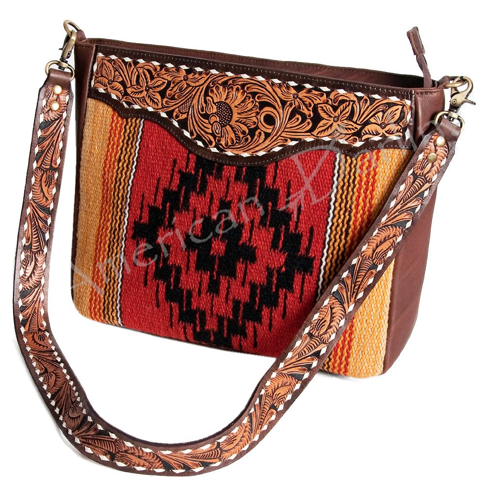 American Darling Large Crossbody Hand Tooled Saddle Blanket Genuine Leather