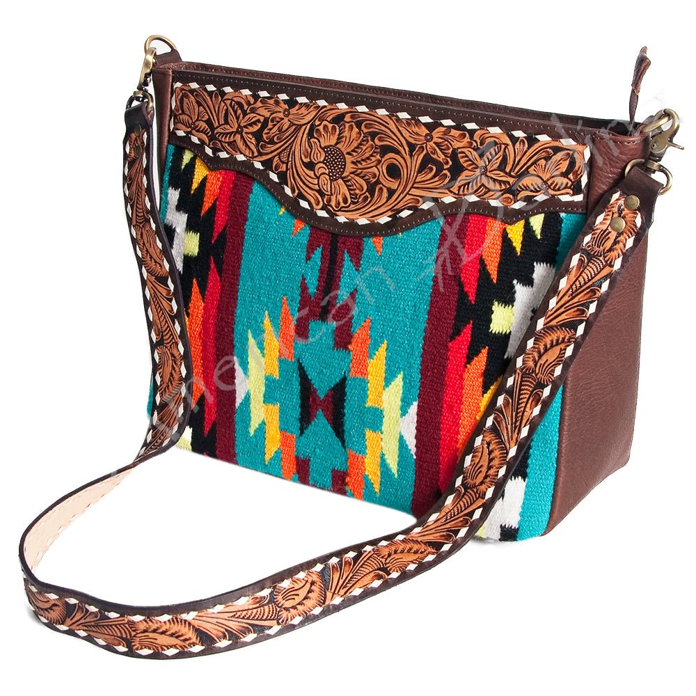American Darling Large Crossbody Hand Tooled Saddle Blanket Genuine Leather