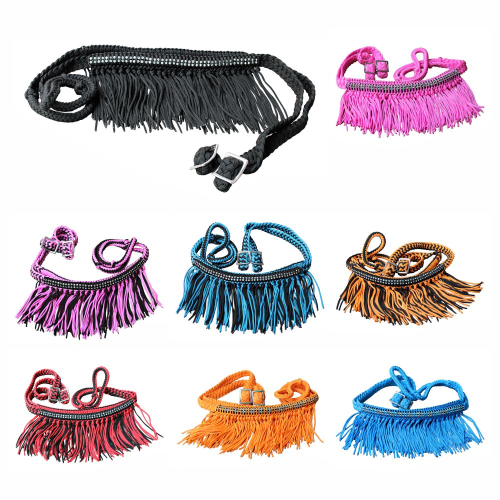 Hilason Braided Barrel Racing Reins with Crystal Fringe — 1" x 8 ft