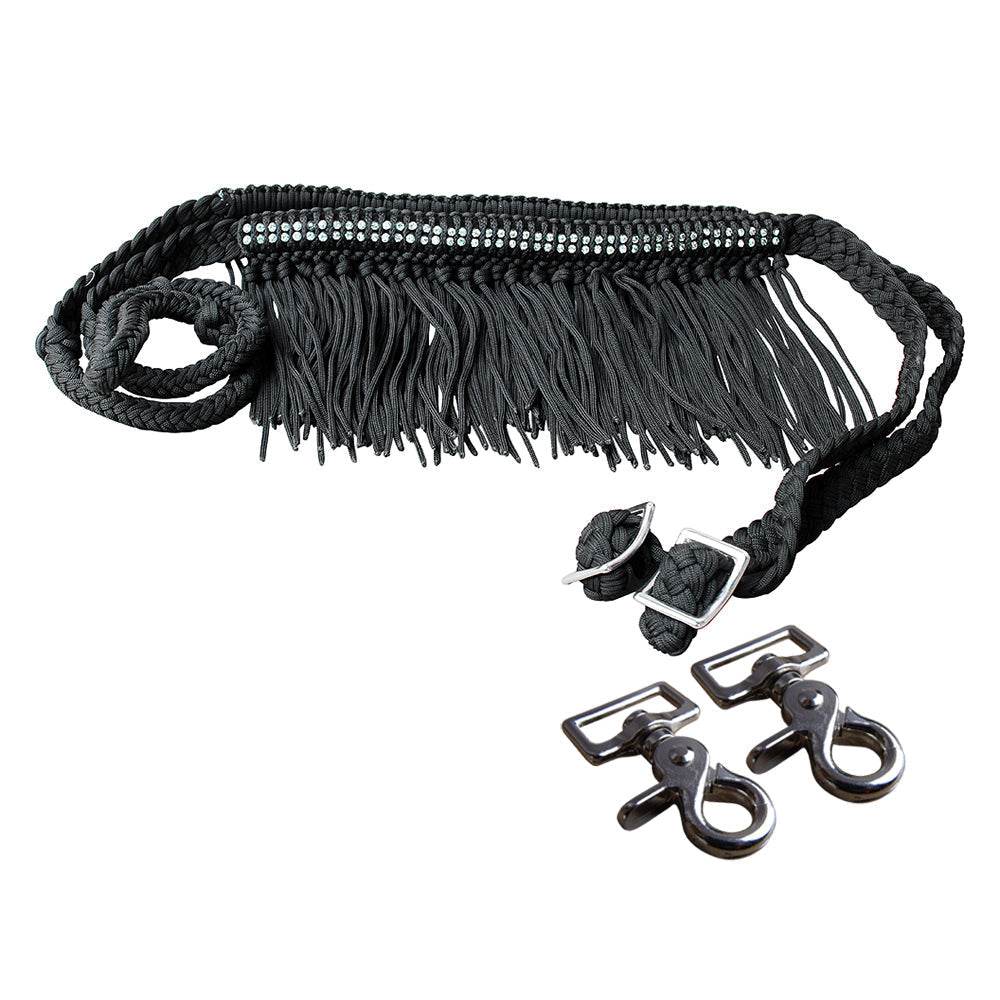 Hilason Braided Barrel Racing Reins with Crystal Fringe & Snaps — 1" x 8 ft
