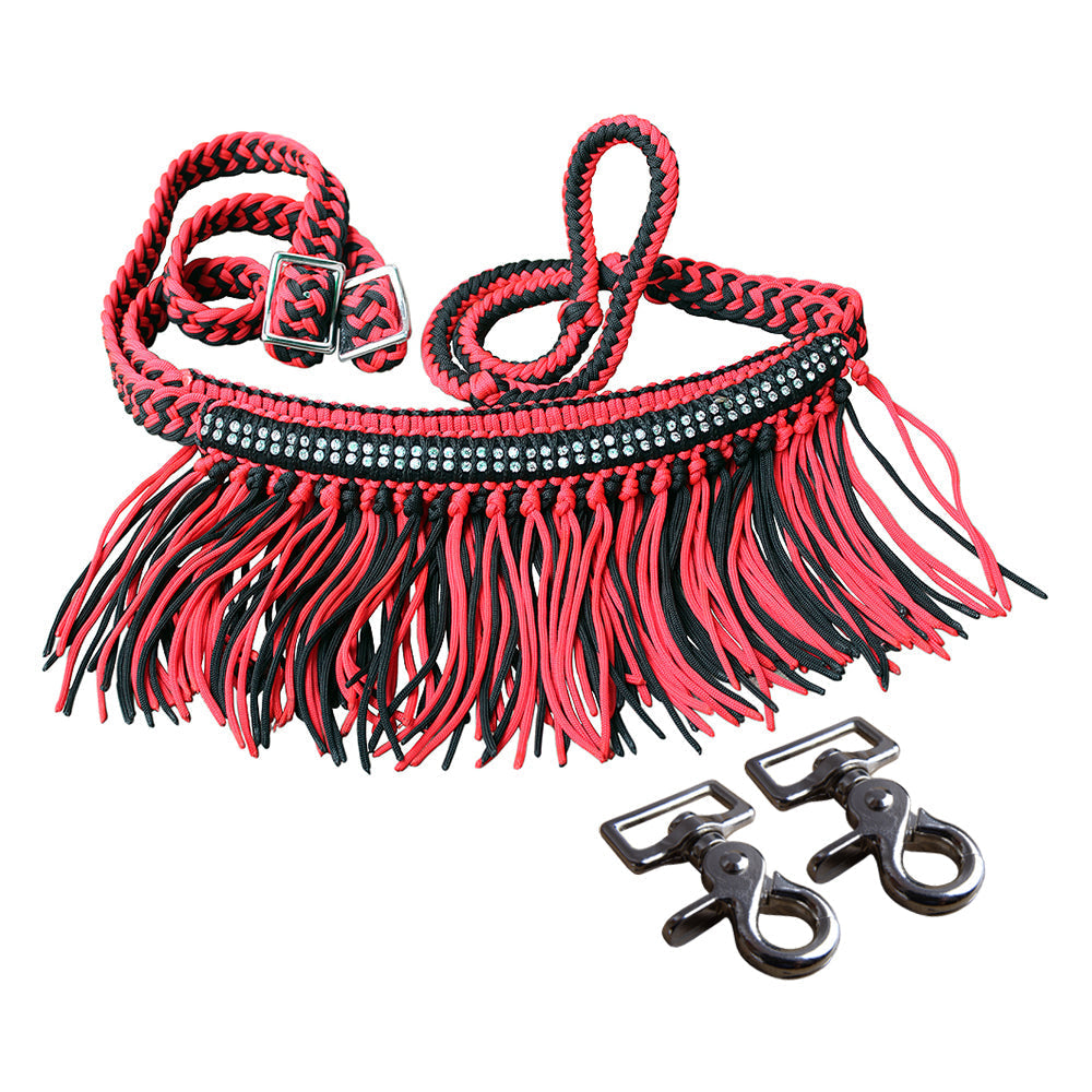 Hilason Braided Barrel Racing Reins with Crystal Fringe & Snaps — 1" x 8 ft