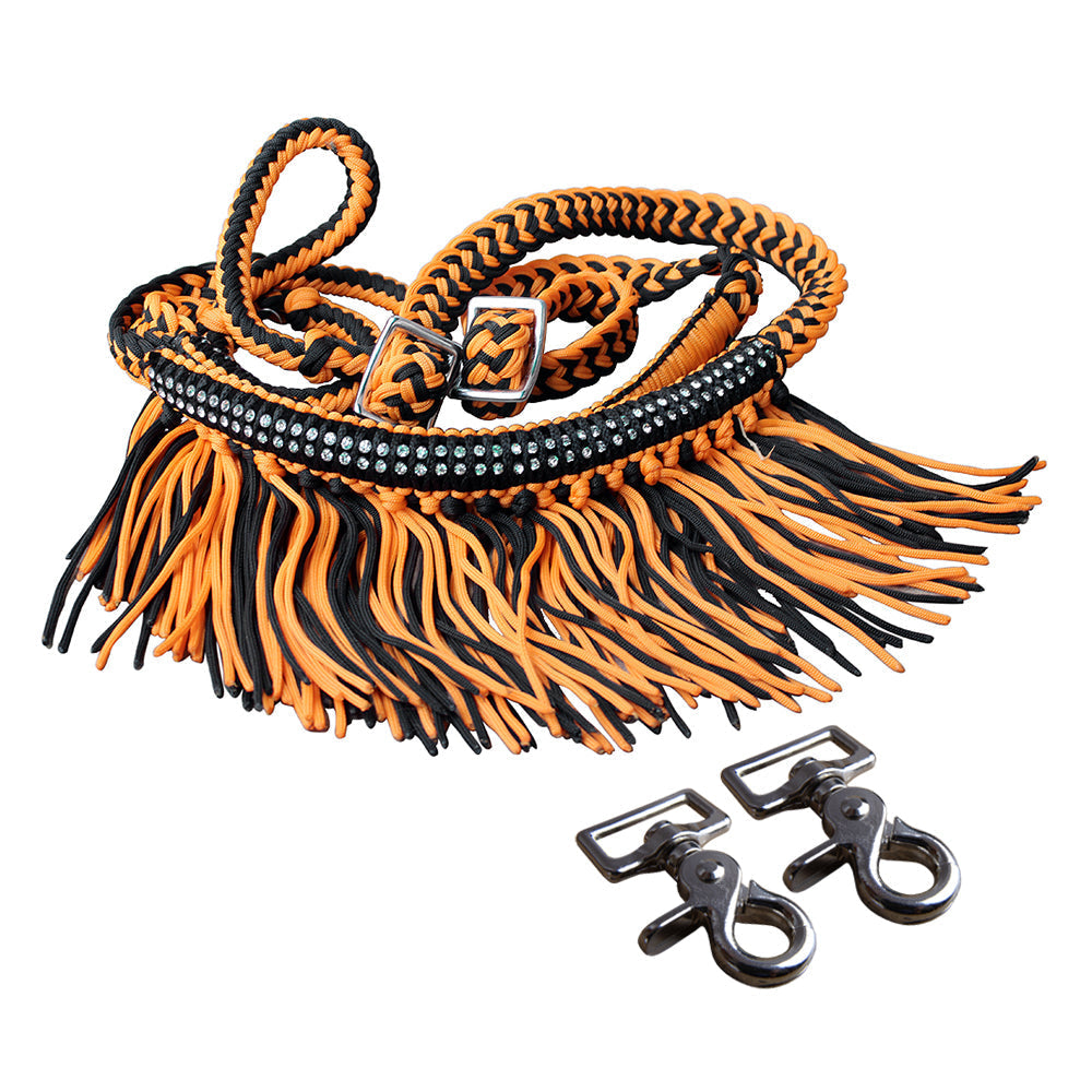 Hilason Braided Barrel Racing Reins with Crystal Fringe & Snaps — 1" x 8 ft