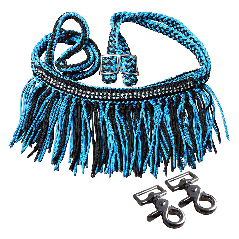 Hilason Braided Barrel Racing Reins with Crystal Fringe & Snaps — 1" x 8 ft