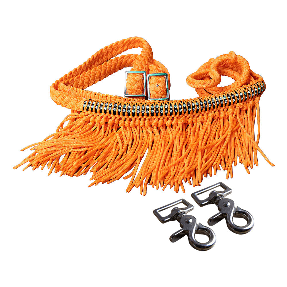 Hilason Braided Barrel Racing Reins with Crystal Fringe & Snaps — 1" x 8 ft