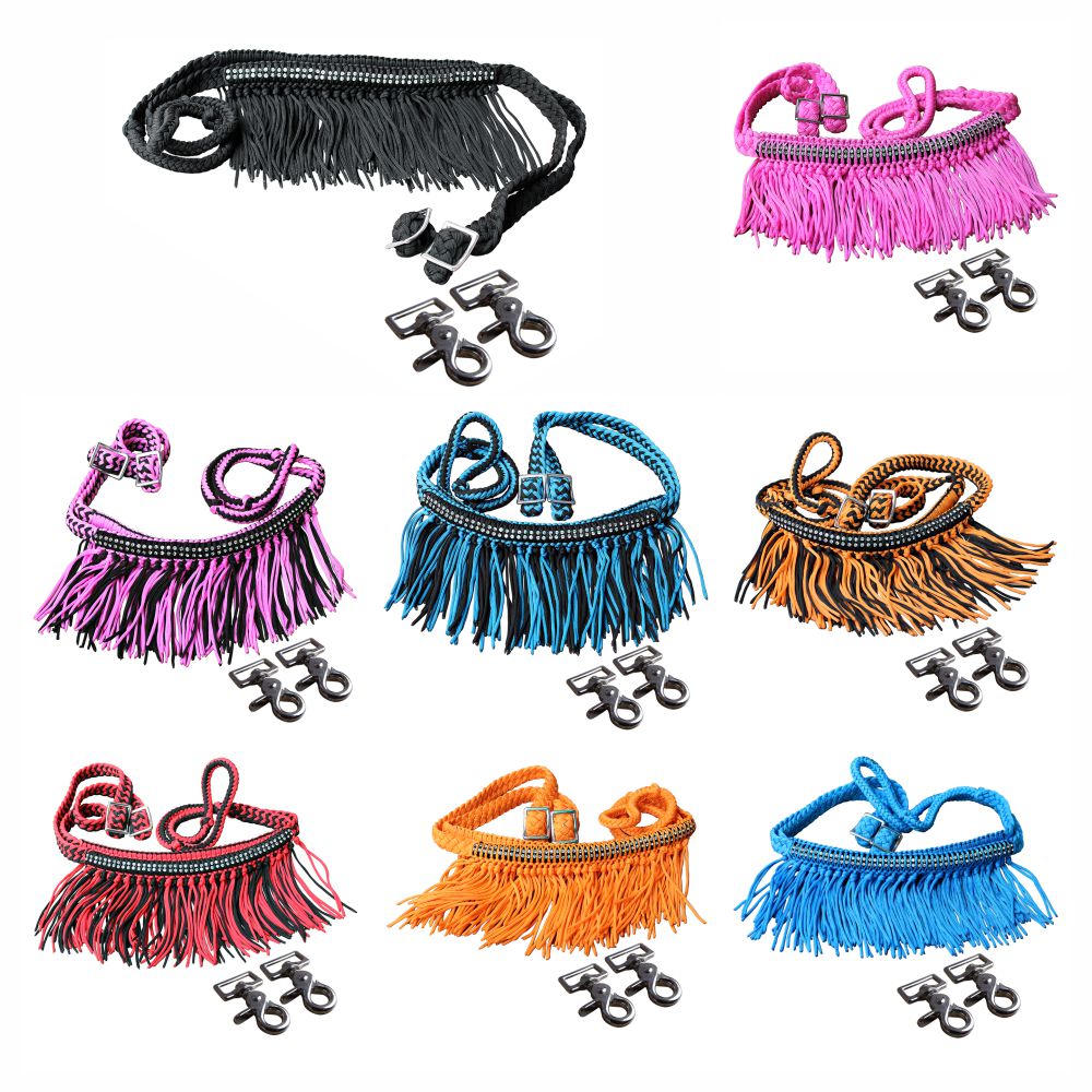 Hilason Braided Barrel Racing Reins with Crystal Fringe & Snaps — 1" x 8 ft