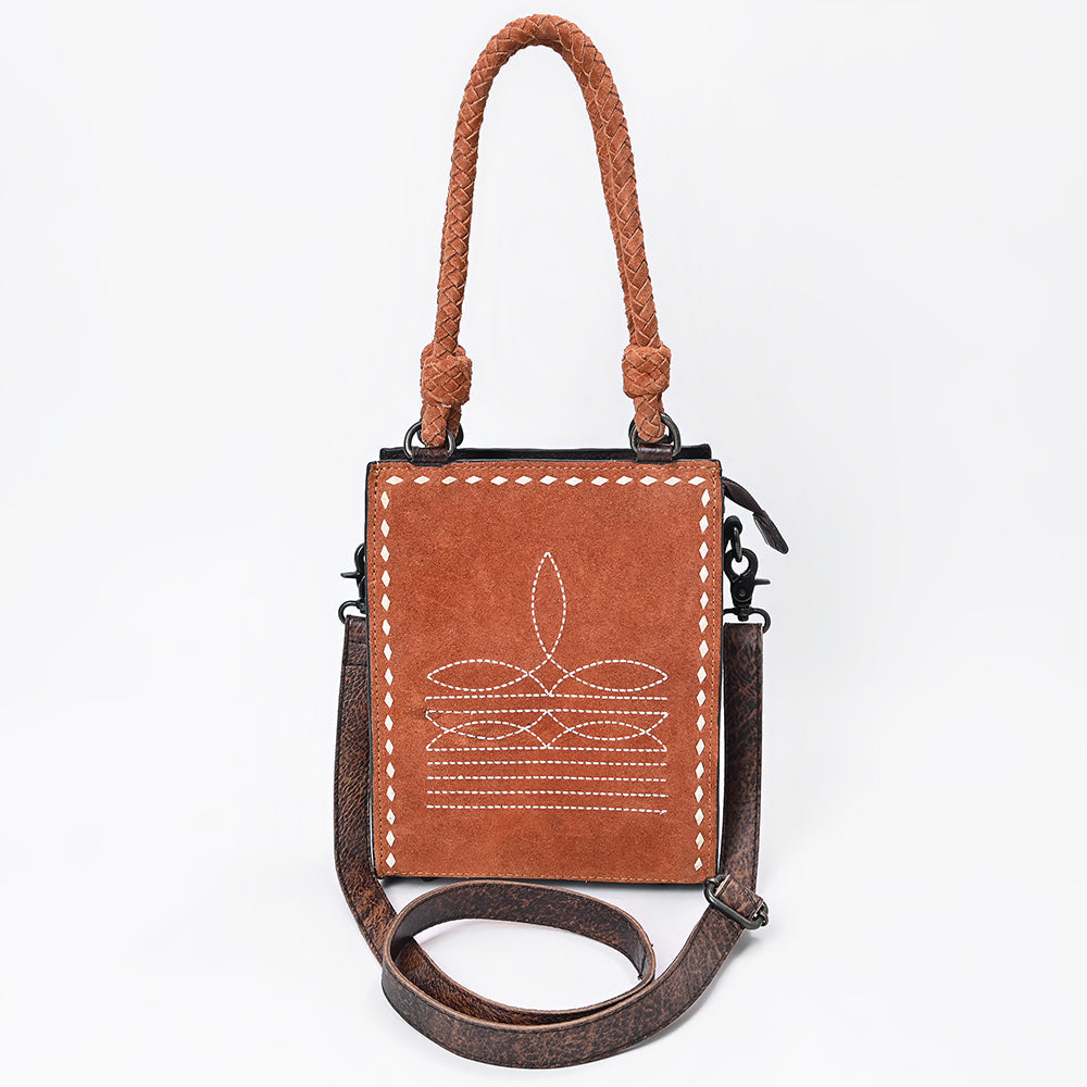American Darling Tote Bag, Genuine Suede Leather, Boot Stitched Western Purse, 10in x 8in x 3in