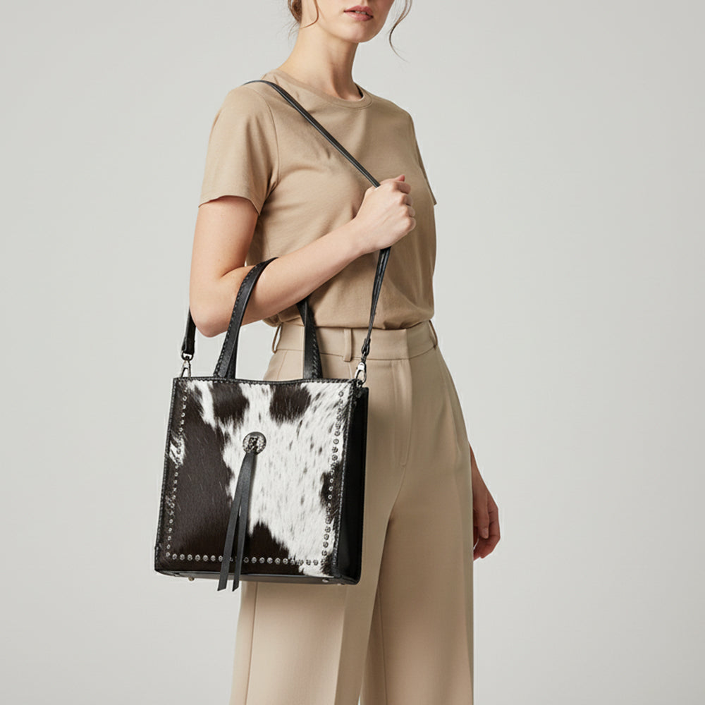 American Darling Tote Bag, Genuine Hair-On Cowhide & Vegetable-Tanned Leather, Braided Handles Western Purse,