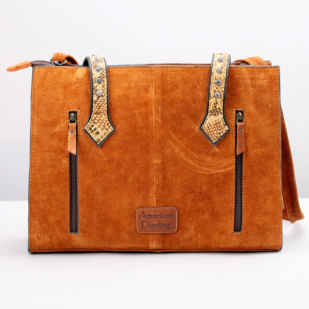American Darling Tote Bag, Genuine Suede & Vegetable-Tanned Leather, Western Purse with Boot Stitching