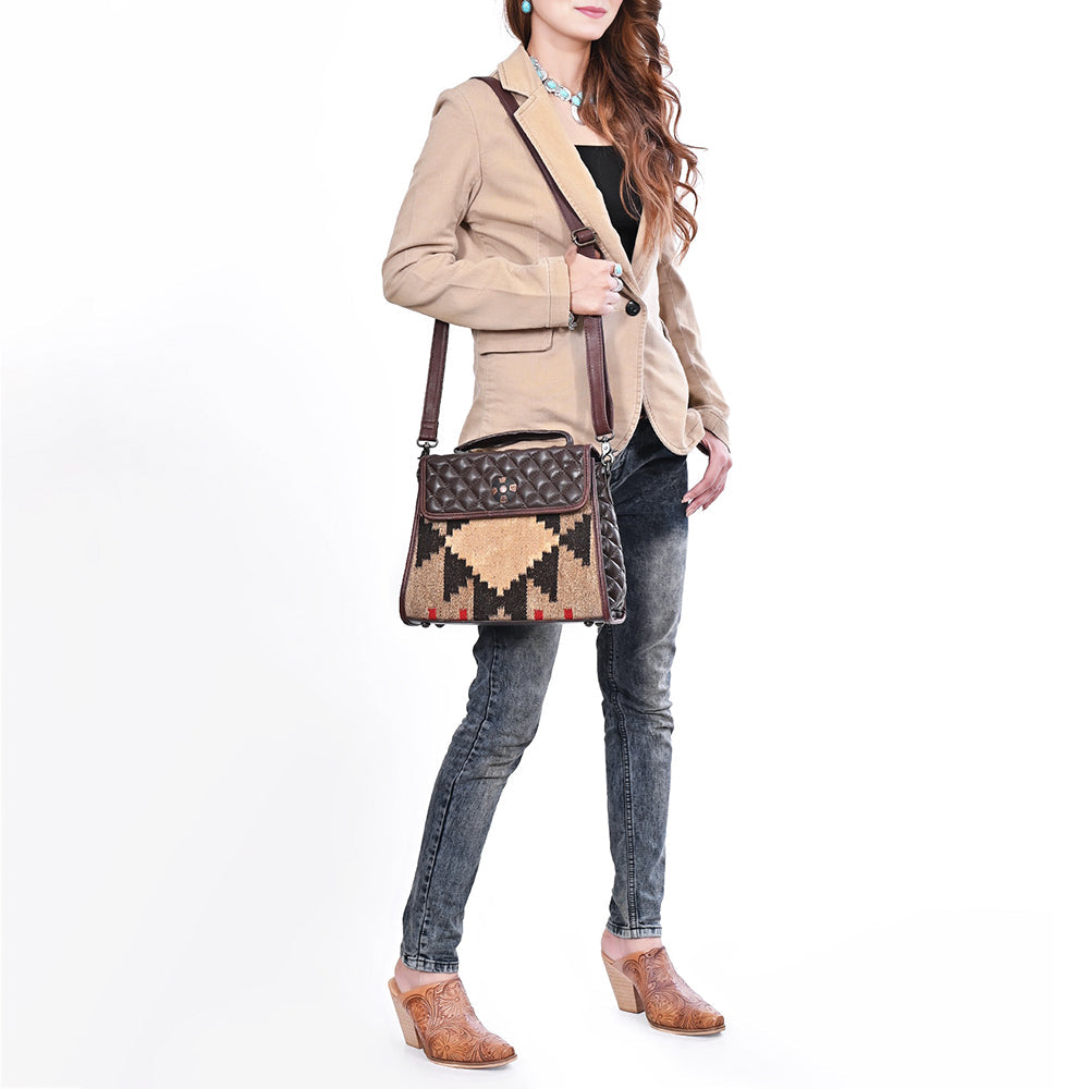 American Darling Messenger Bag, Hand-Woven Saddle Blanket & Quilted Genuine Leather Western Purse with Concho and YKK Zipper