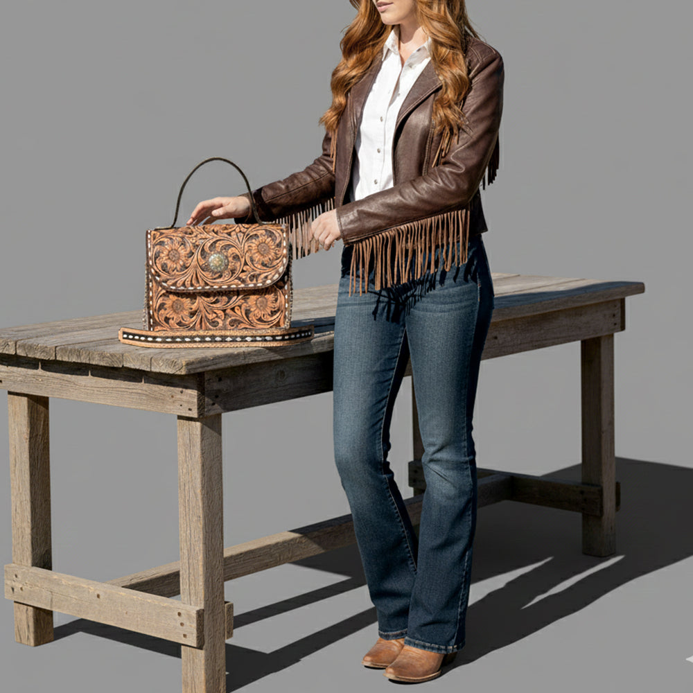 American Darling Genuine Leather Messenger Bag Hand Tooled Floral Carved Buck Stitched Concho Eco-Friendly Full Grain Leather