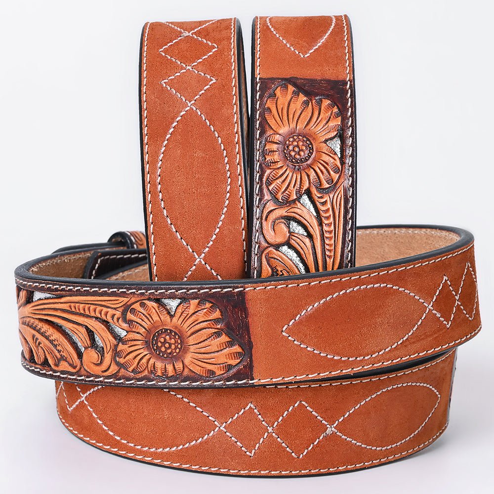 American Darling Floral Hand Carved Painted Belt Buckle Genuine Leather Covered Stylish Brown | Western