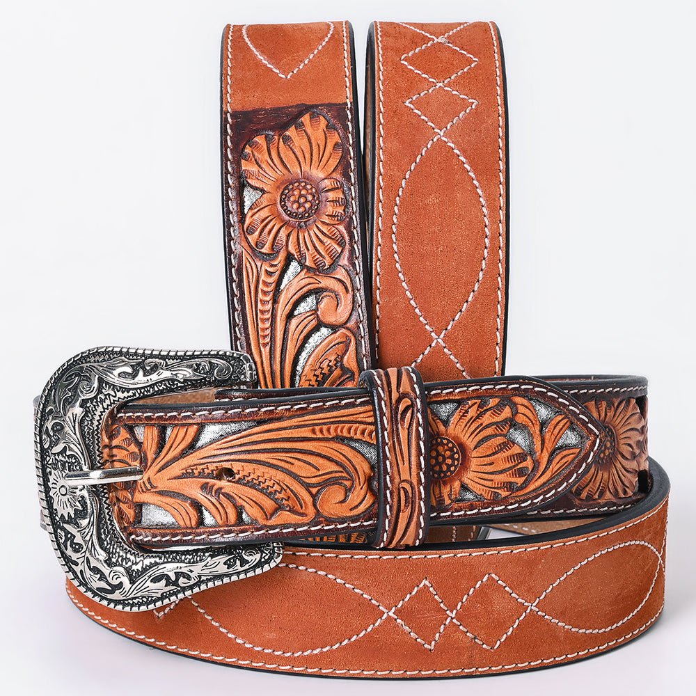 American Darling Floral Hand Carved Painted Belt Buckle Genuine Leather Covered Stylish Brown | Western