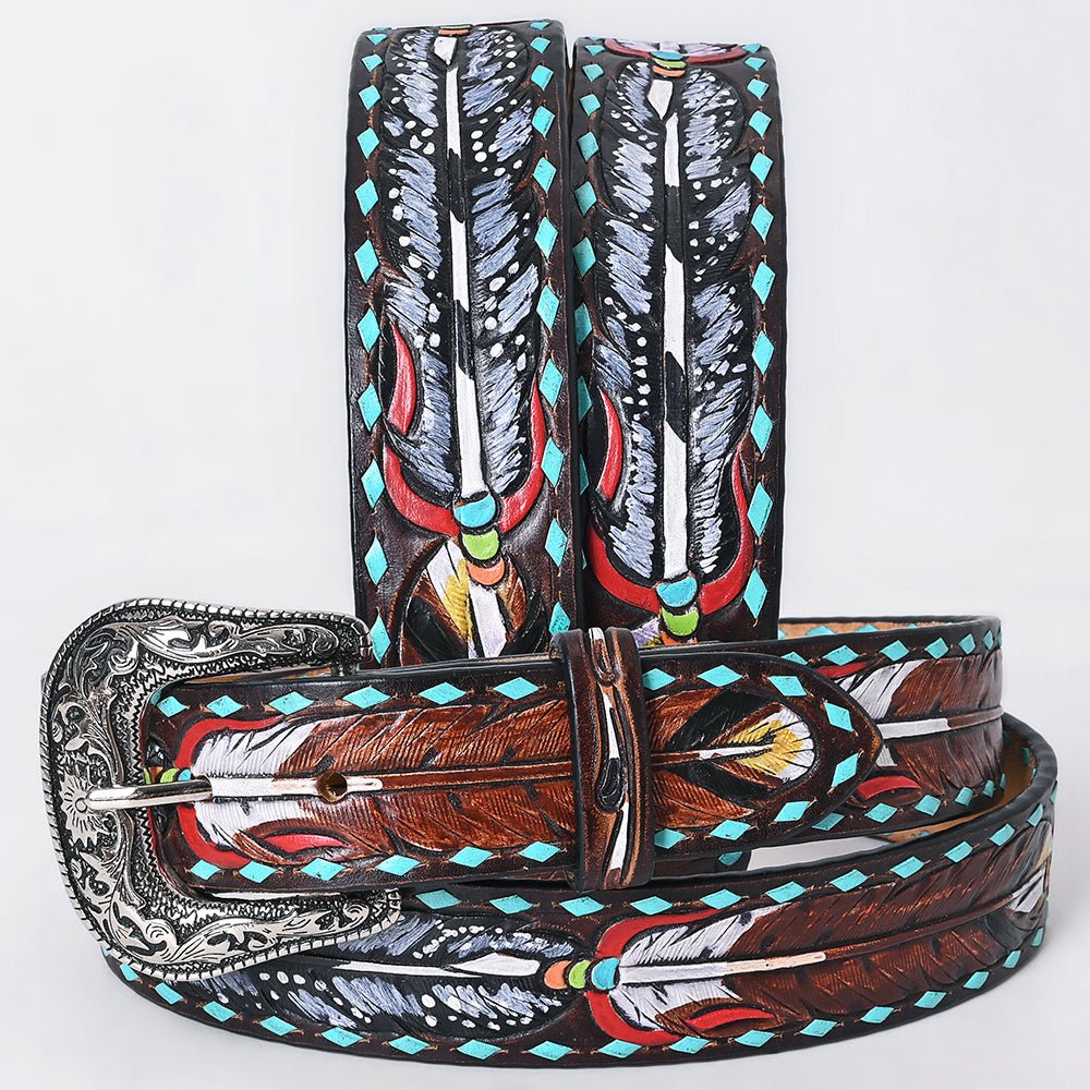 American Darling Floral Hand Carved Painted Belt Buckle Genuine Leather Covered Stylish Brown | Western