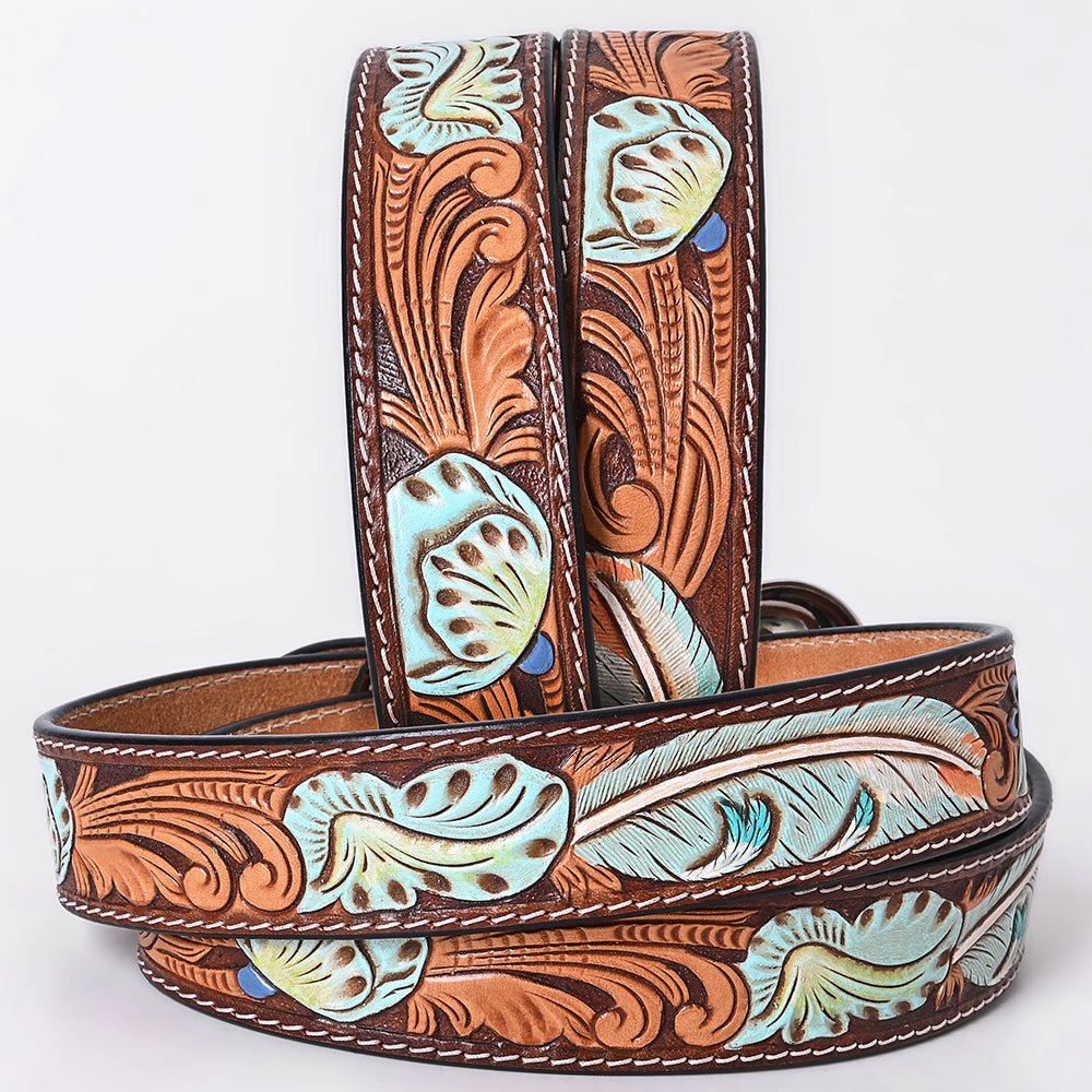 American Darling Floral Hand Carved Painted Belt Buckle Genuine Leather Covered Stylish Brown | Western