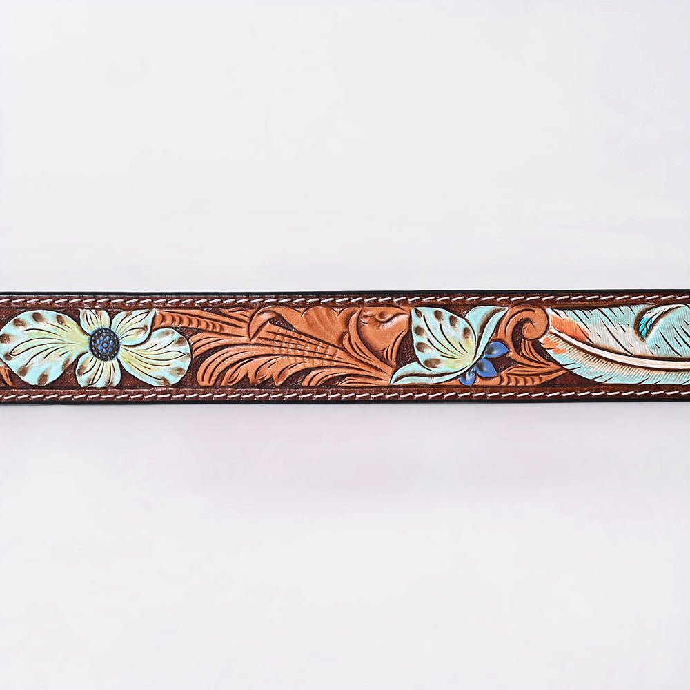 American Darling Floral Hand Carved Painted Belt Buckle Genuine Leather Covered Stylish Brown | Western