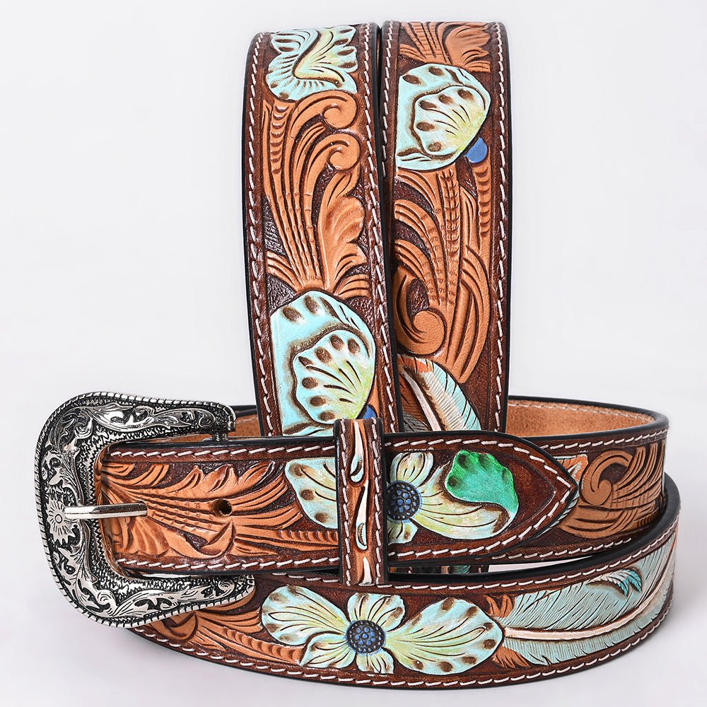 American Darling Floral Hand Carved Painted Belt Buckle Genuine Leather Covered Stylish Brown | Western