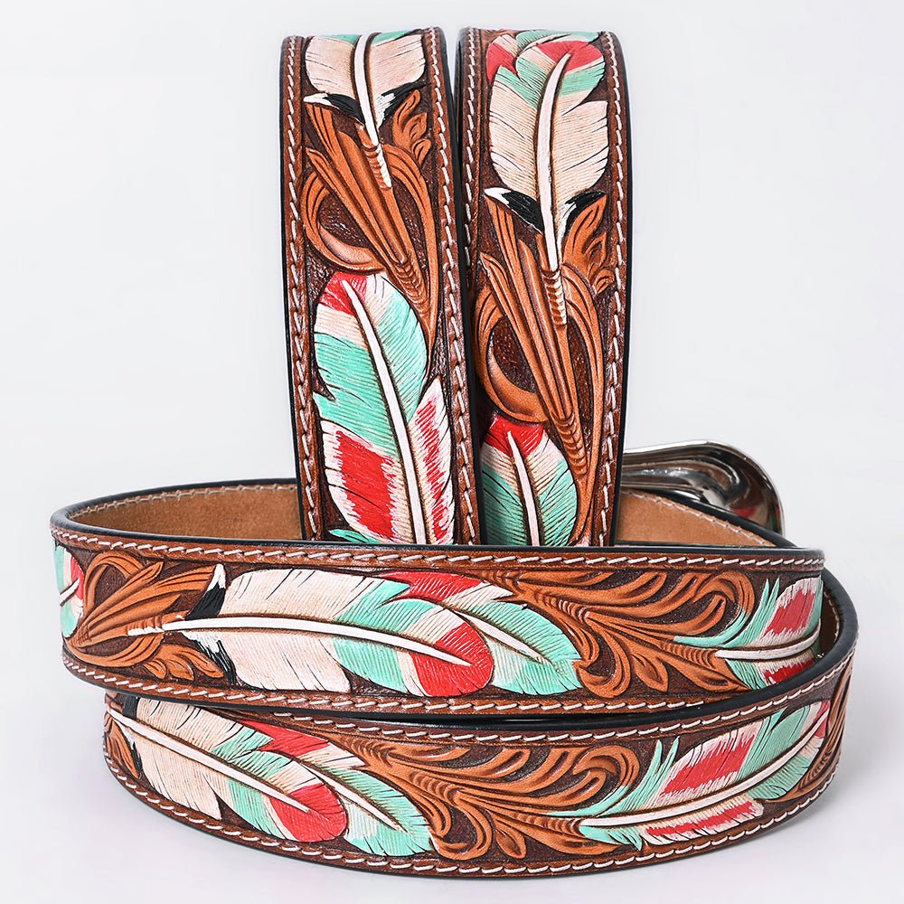 American Darling Floral Hand Carved Painted Belt Buckle Genuine Leather Covered Stylish Brown | Western