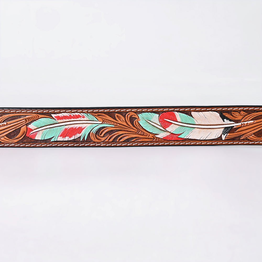 American Darling Floral Hand Carved Painted Belt Buckle Genuine Leather Covered Stylish Brown | Western