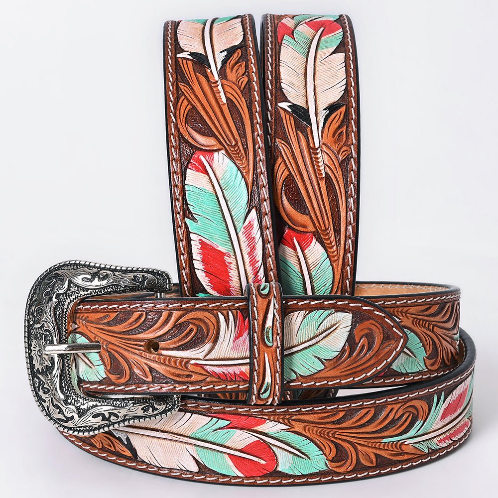 American Darling Floral Hand Carved Painted Belt Buckle Genuine Leather Covered Stylish Brown | Western