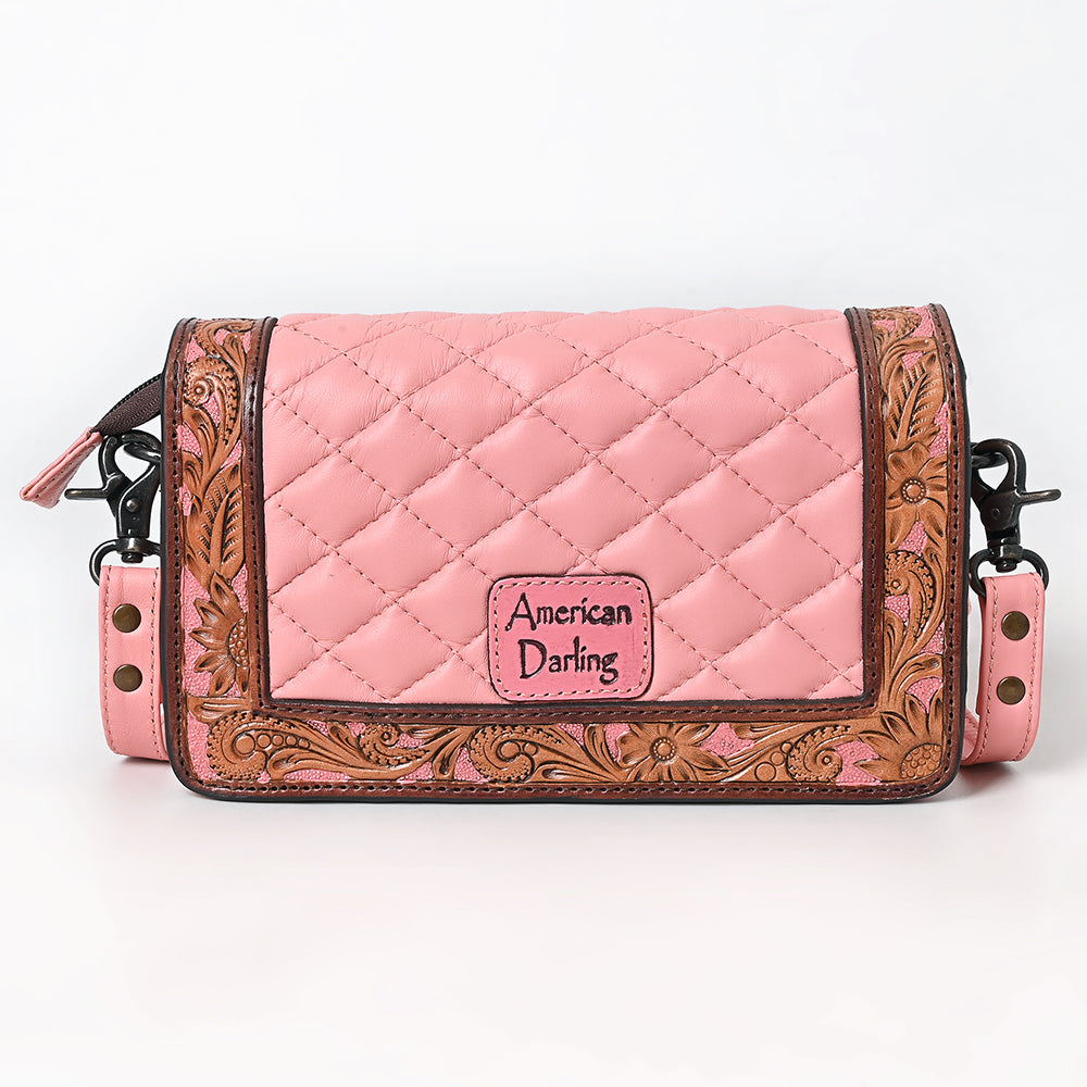 American Darling Genuine Leather Hand-Tooled Floral Quilted Organiser Bag Crossbody with YKK Zipper