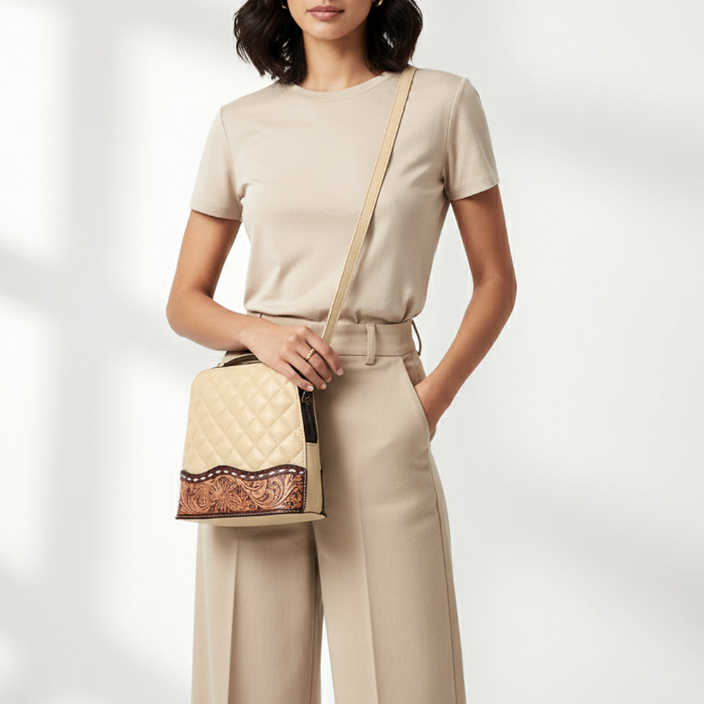 American Darling Western Cross Body Bag Handcrafted from Quilted & Hand-Tooled Genuine Leather | Floral Carved Accent, Buckstitch & YKK Zipper