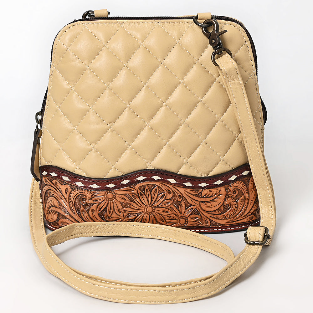 American Darling Western Cross Body Bag Handcrafted from Quilted & Hand-Tooled Genuine Leather | Floral Carved Accent, Buckstitch & YKK Zipper