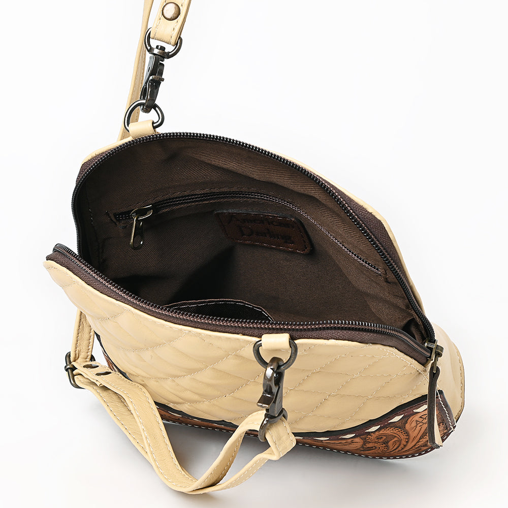 American Darling Western Cross Body Bag Handcrafted from Quilted & Hand-Tooled Genuine Leather | Floral Carved Accent, Buckstitch & YKK Zipper