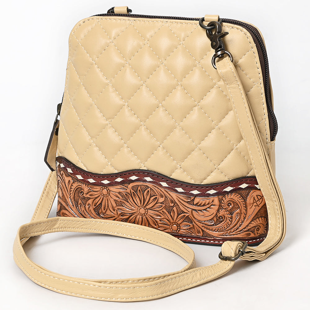 American Darling Western Cross Body Bag Handcrafted from Quilted & Hand-Tooled Genuine Leather | Floral Carved Accent, Buckstitch & YKK Zipper