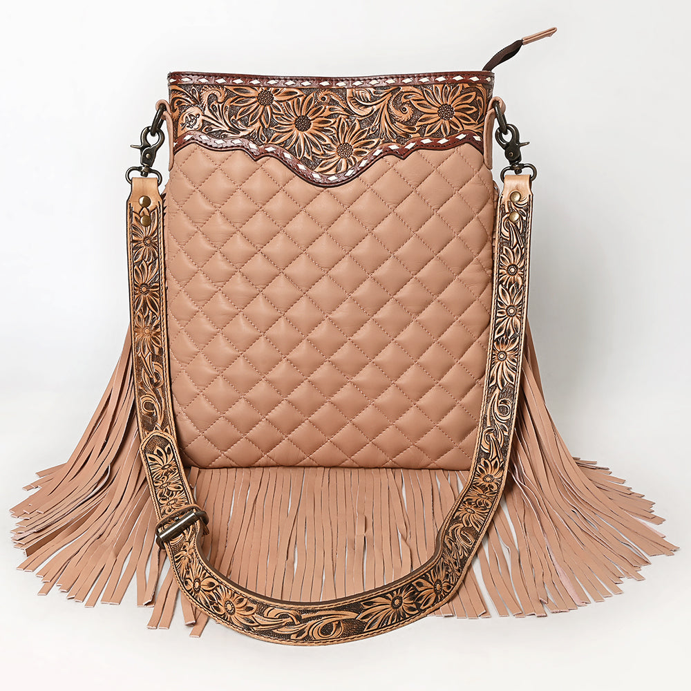 American Darling Large Western Cross Body Bag Handcrafted from Quilted & Hand-Tooled Genuine Leather | Full Fringe, Buckstitch & YKK Zipper