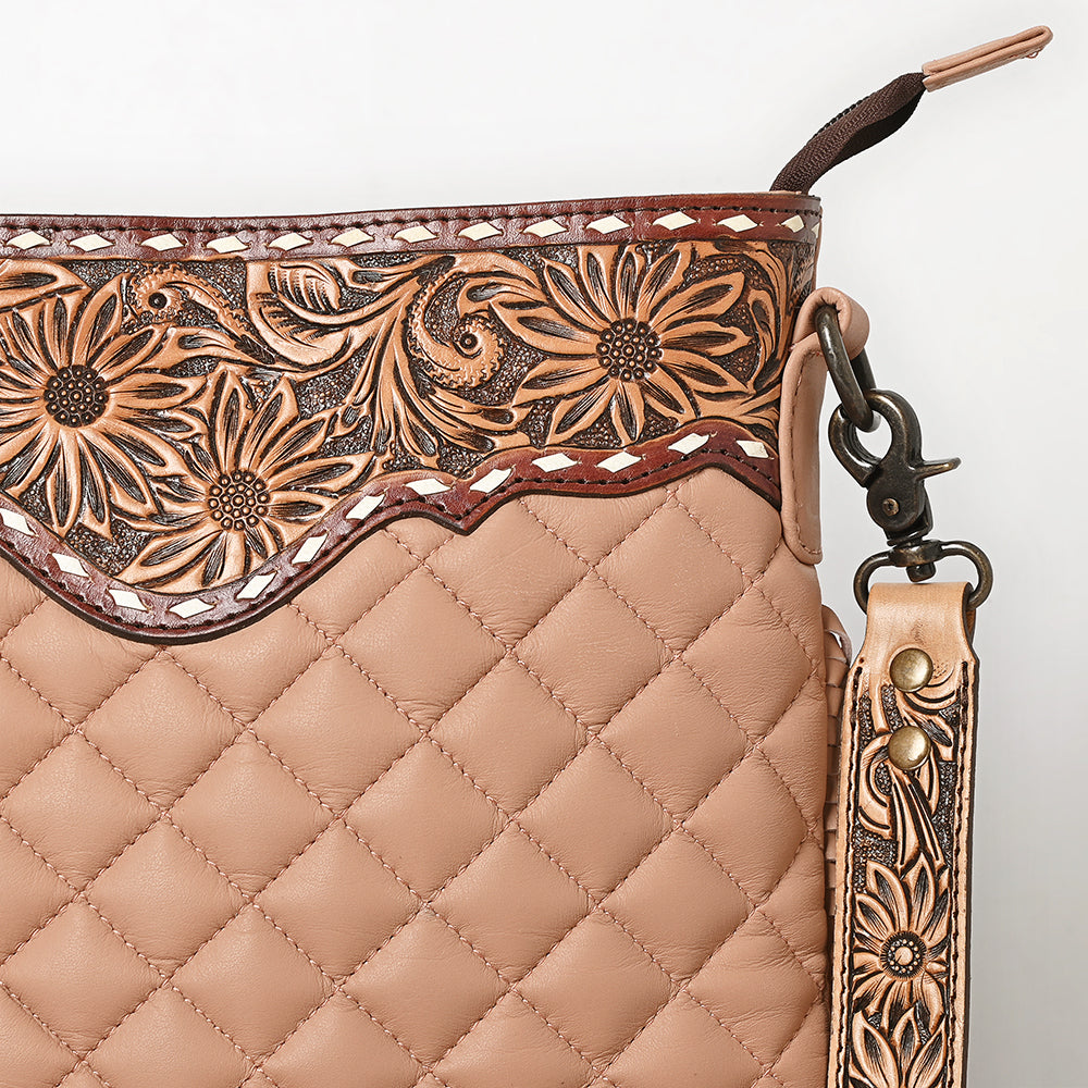 American Darling Large Western Cross Body Bag Handcrafted from Quilted & Hand-Tooled Genuine Leather | Full Fringe, Buckstitch & YKK Zipper