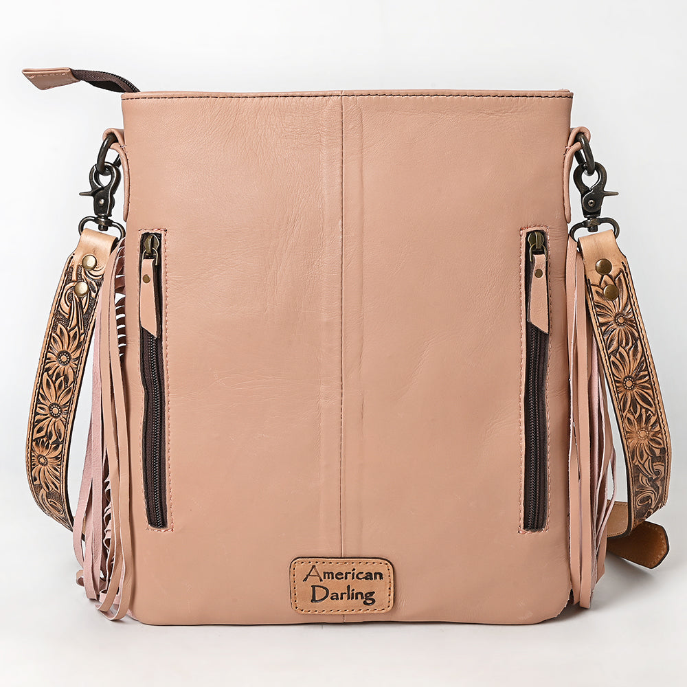 American Darling Large Western Cross Body Bag Handcrafted from Quilted & Hand-Tooled Genuine Leather | Full Fringe, Buckstitch & YKK Zipper