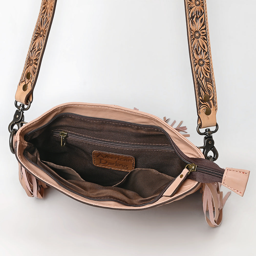 American Darling Large Western Cross Body Bag Handcrafted from Quilted & Hand-Tooled Genuine Leather | Full Fringe, Buckstitch & YKK Zipper