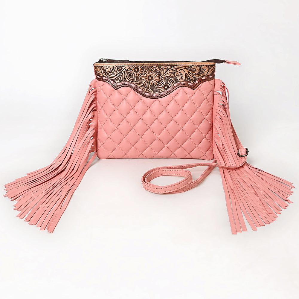 American Darling Western Black Cross Body Bag Handcrafted from Quilted & Tooled Genuine Leather | Full Fringe Accent, Flap Closure & YKK Zipper