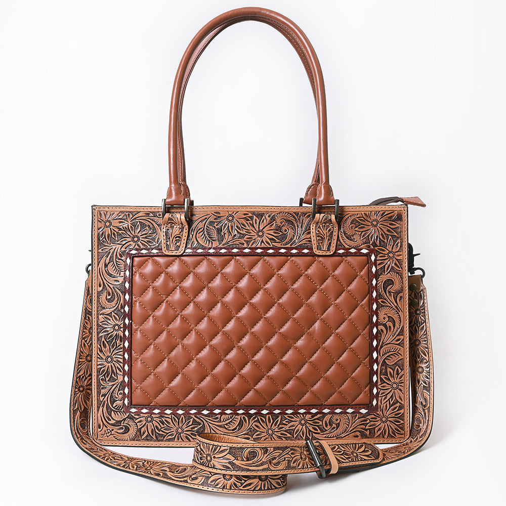 American Darling Genuine Leather Hand-Tooled Floral Quilted Tote Bag Shoulder Purse with YKK Zipper - 12in X 16in