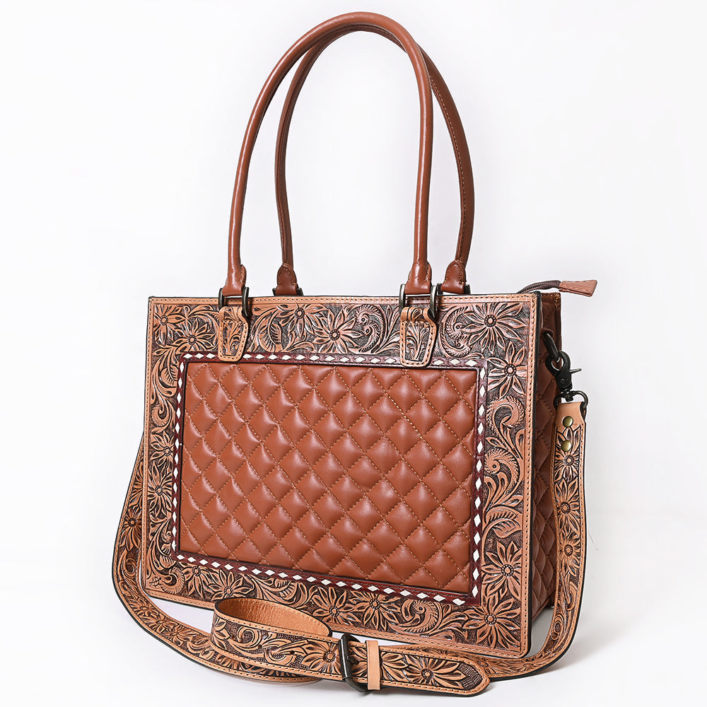American Darling Genuine Leather Hand-Tooled Floral Quilted Tote Bag Shoulder Purse with YKK Zipper - 12in X 16in