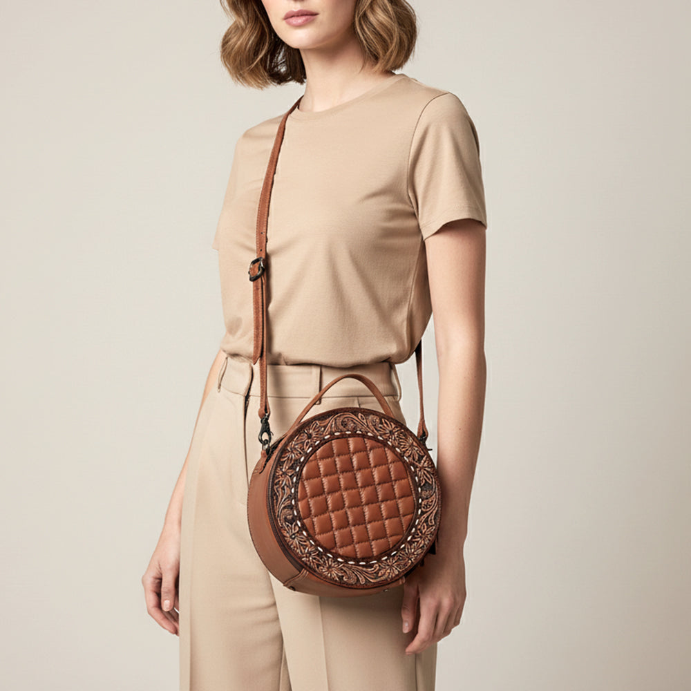 American Darling Black Western Round Canteen Bag Handcrafted from Quilted & Hand-Tooled Genuine Leather | Floral Carved Frame, Buckstitch & YKK Zipper