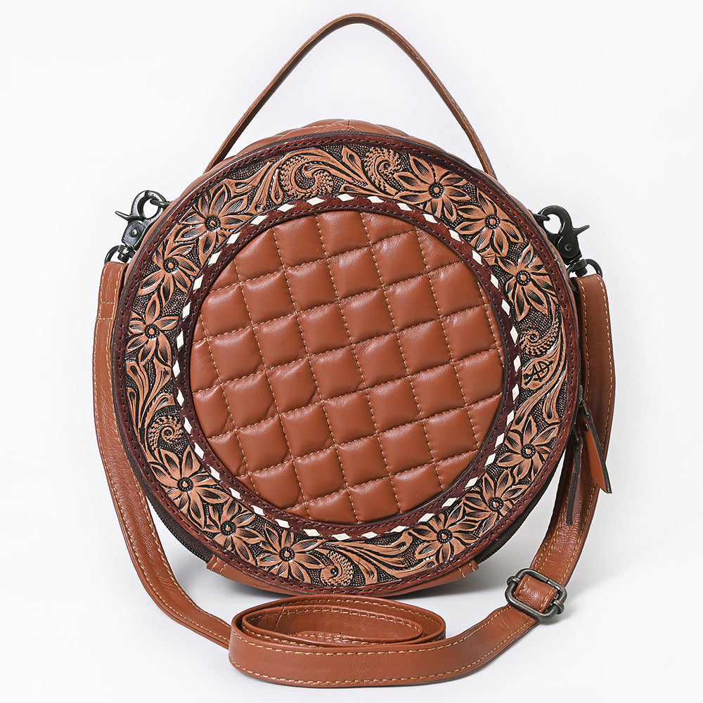American Darling Black Western Round Canteen Bag Handcrafted from Quilted & Hand-Tooled Genuine Leather | Floral Carved Frame, Buckstitch & YKK Zipper
