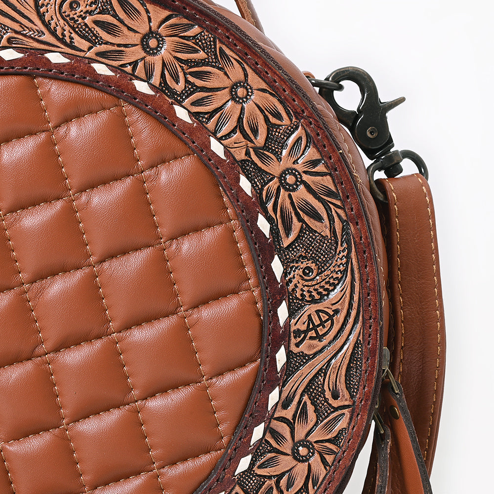 American Darling Black Western Round Canteen Bag Handcrafted from Quilted & Hand-Tooled Genuine Leather | Floral Carved Frame, Buckstitch & YKK Zipper