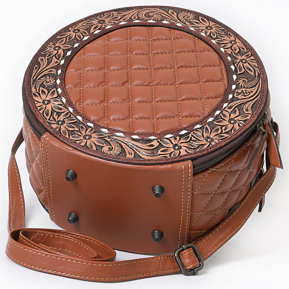 American Darling Black Western Round Canteen Bag Handcrafted from Quilted & Hand-Tooled Genuine Leather | Floral Carved Frame, Buckstitch & YKK Zipper