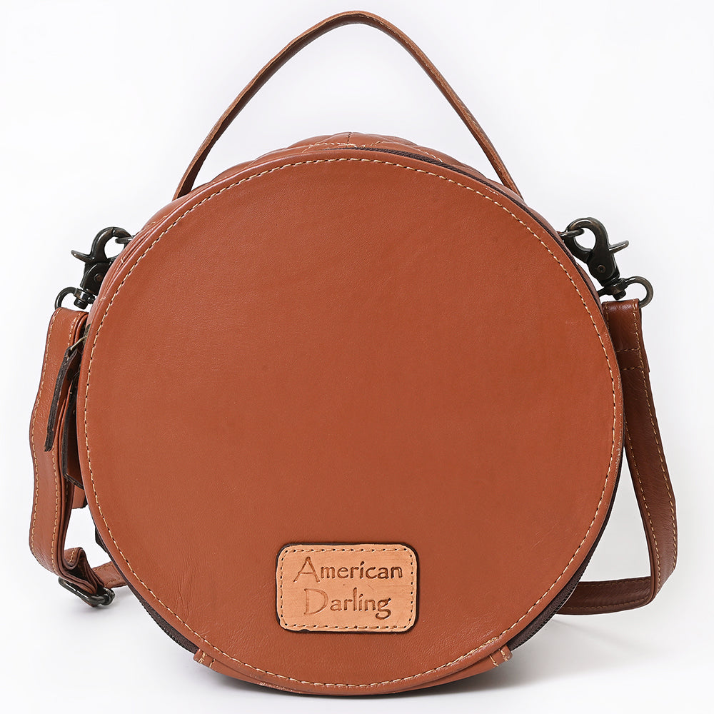 American Darling Black Western Round Canteen Bag Handcrafted from Quilted & Hand-Tooled Genuine Leather | Floral Carved Frame, Buckstitch & YKK Zipper